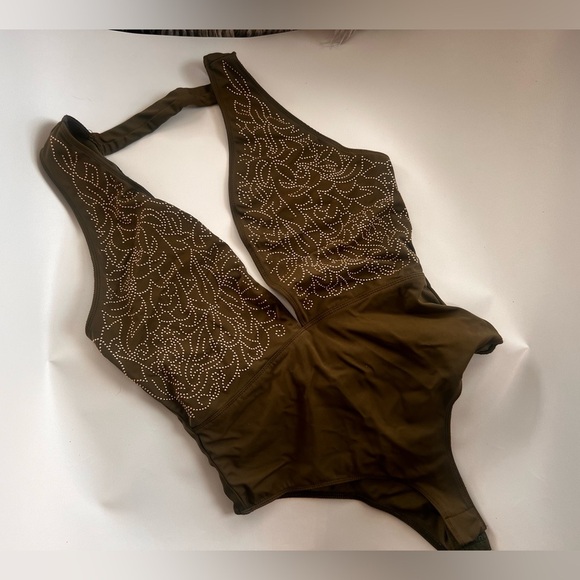 Luxxel beaded olive studded snap bodysuit size medium - Picture 1 of 3